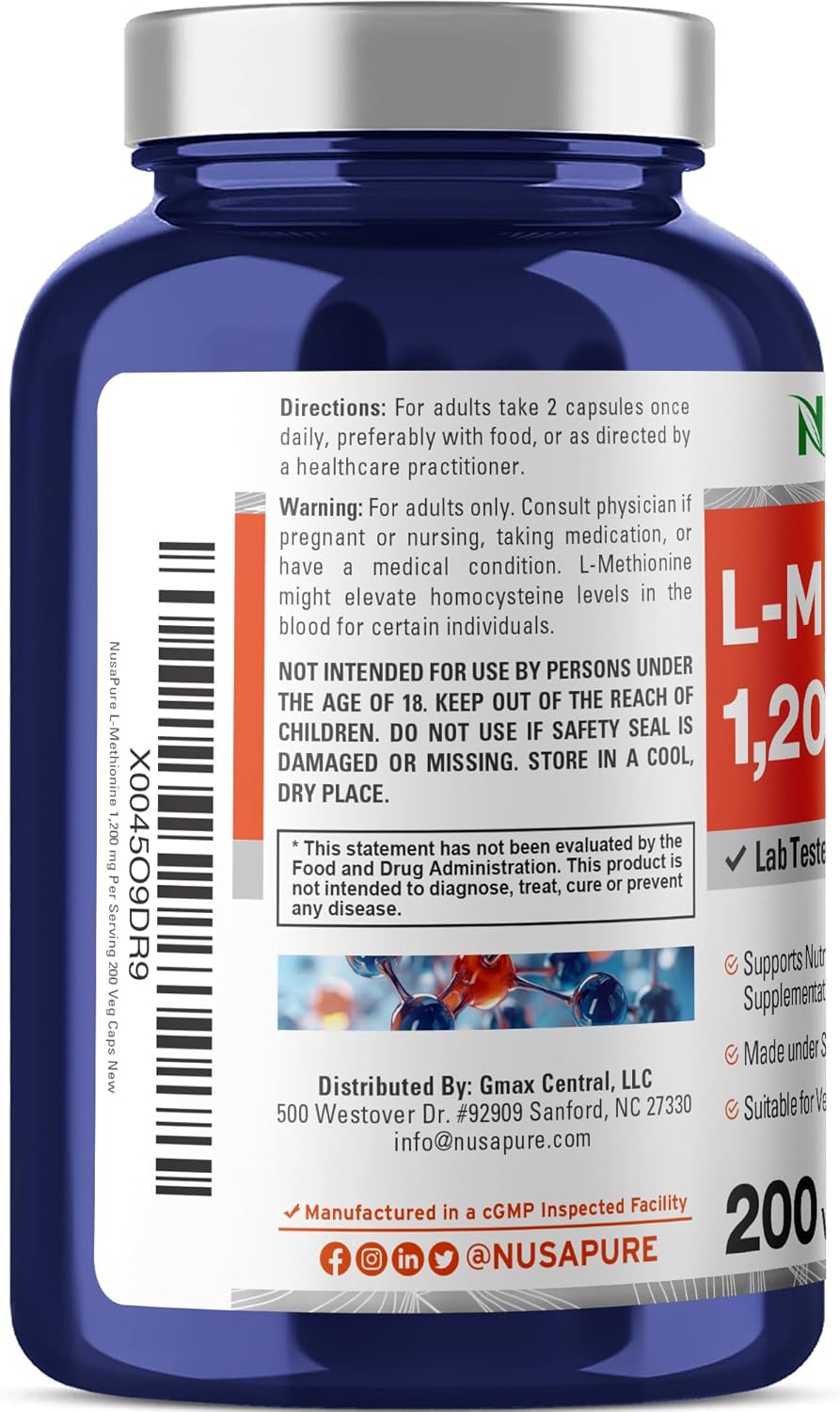 L-Methionine 1200mg Capsules - 200 Count - Non-GMO Vegan Dietary Supplement by NusaPure