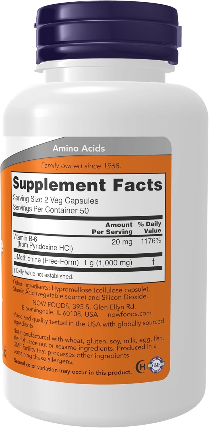 L-Methionine 500 mg with Vitamin B-6 Capsules for Detox Support - 100 Count by NOW Foods