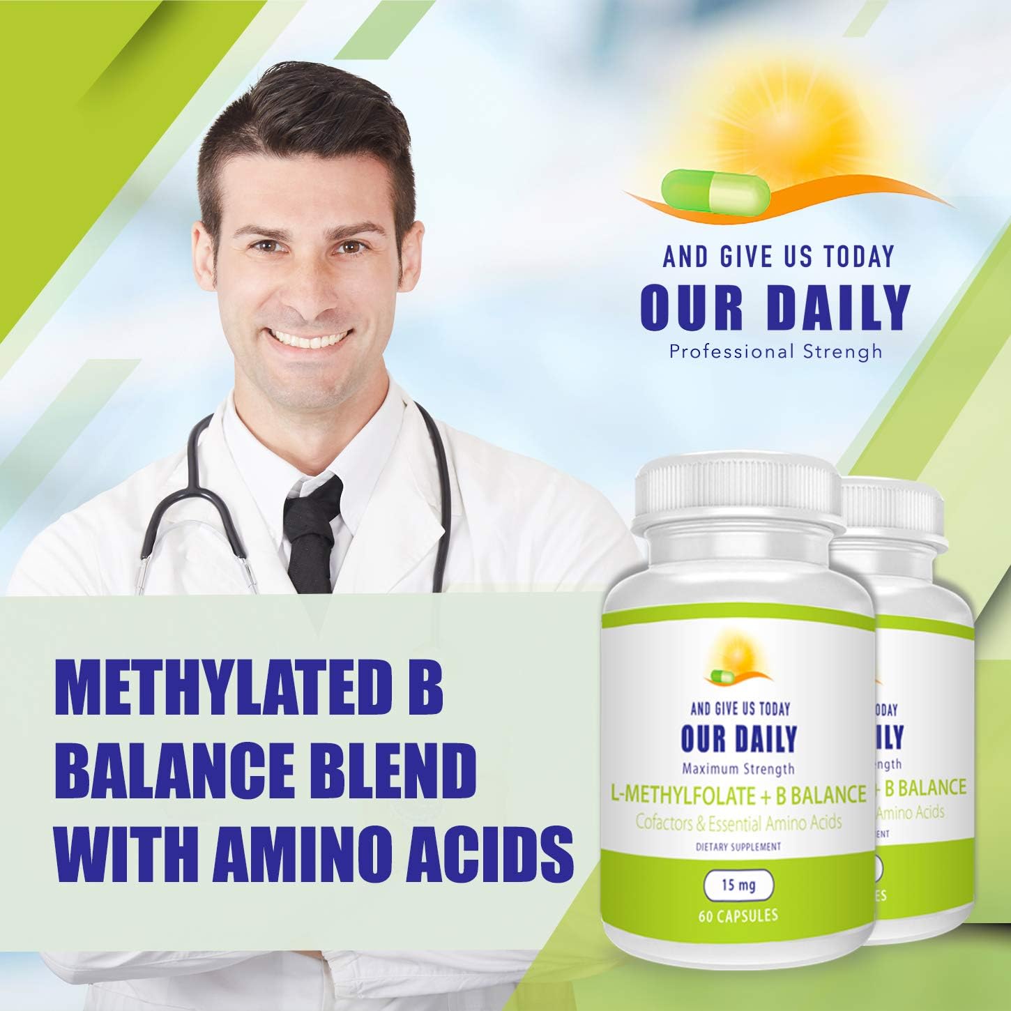 L-Methylfolate 15 MG B Complex with Methylated B12, B9, B6, B2 - 60 Count for Brain, Heart, and Fetal Health