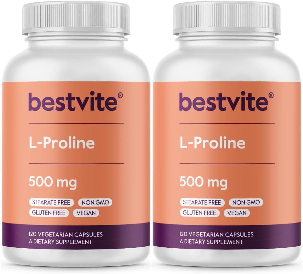 L-Proline 500mg Capsules (240 Vegetarian, 2-Pack) - Vegan, Gluten Free, Non GMO - No Stearates or Fillers