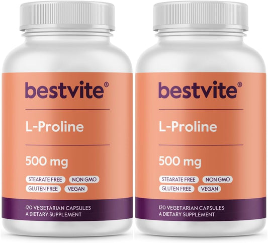 L-Proline 500mg Capsules (240 Vegetarian, 2-Pack) - Vegan, Gluten Free, Non GMO - No Stearates or Fillers