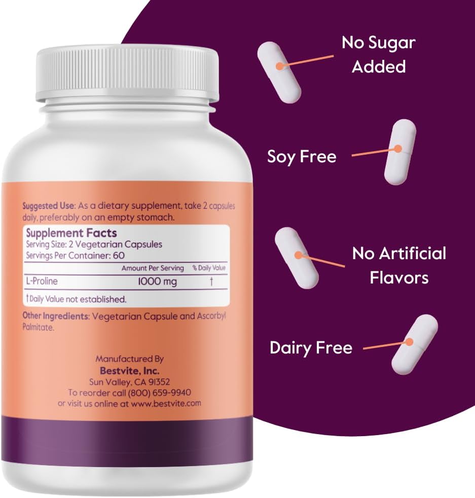 L-Proline 500mg Capsules (240 Vegetarian, 2-Pack) - Vegan, Gluten Free, Non GMO - No Stearates or Fillers