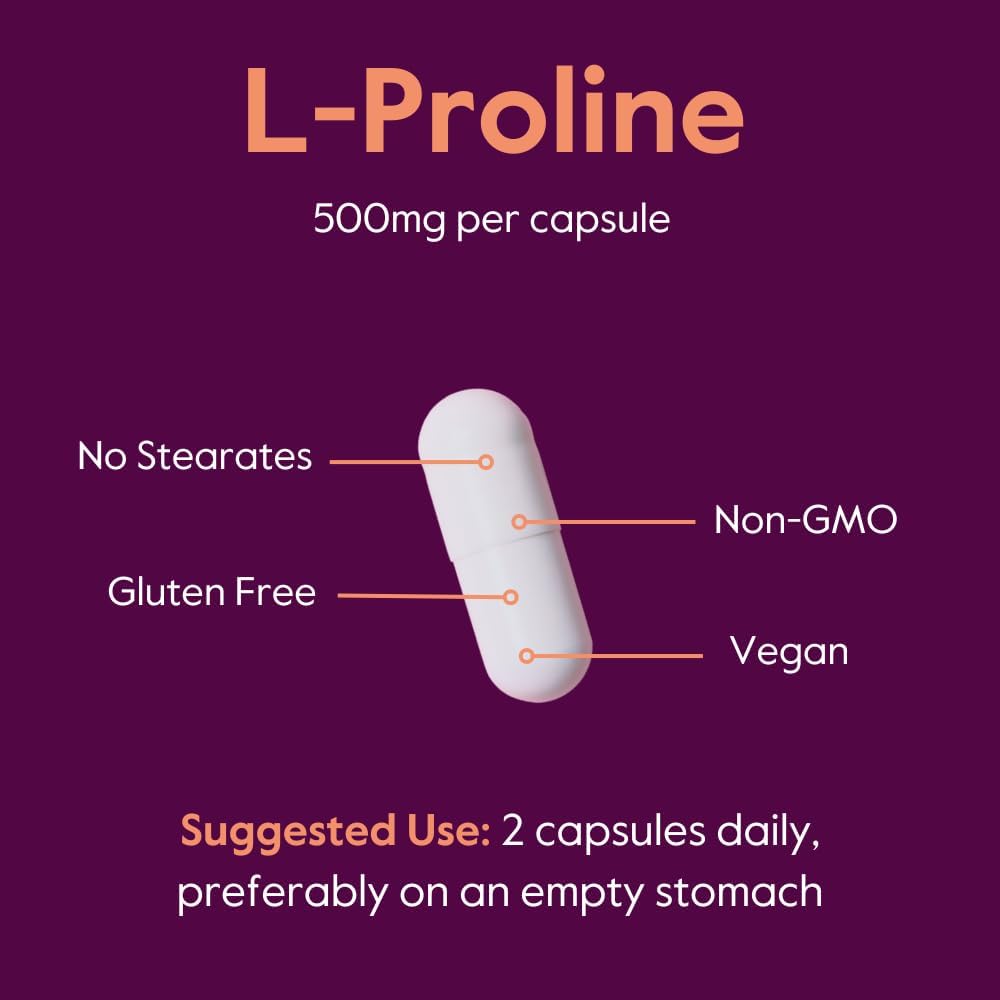 L-Proline 500mg Capsules (240 Vegetarian, 2-Pack) - Vegan, Gluten Free, Non GMO - No Stearates or Fillers