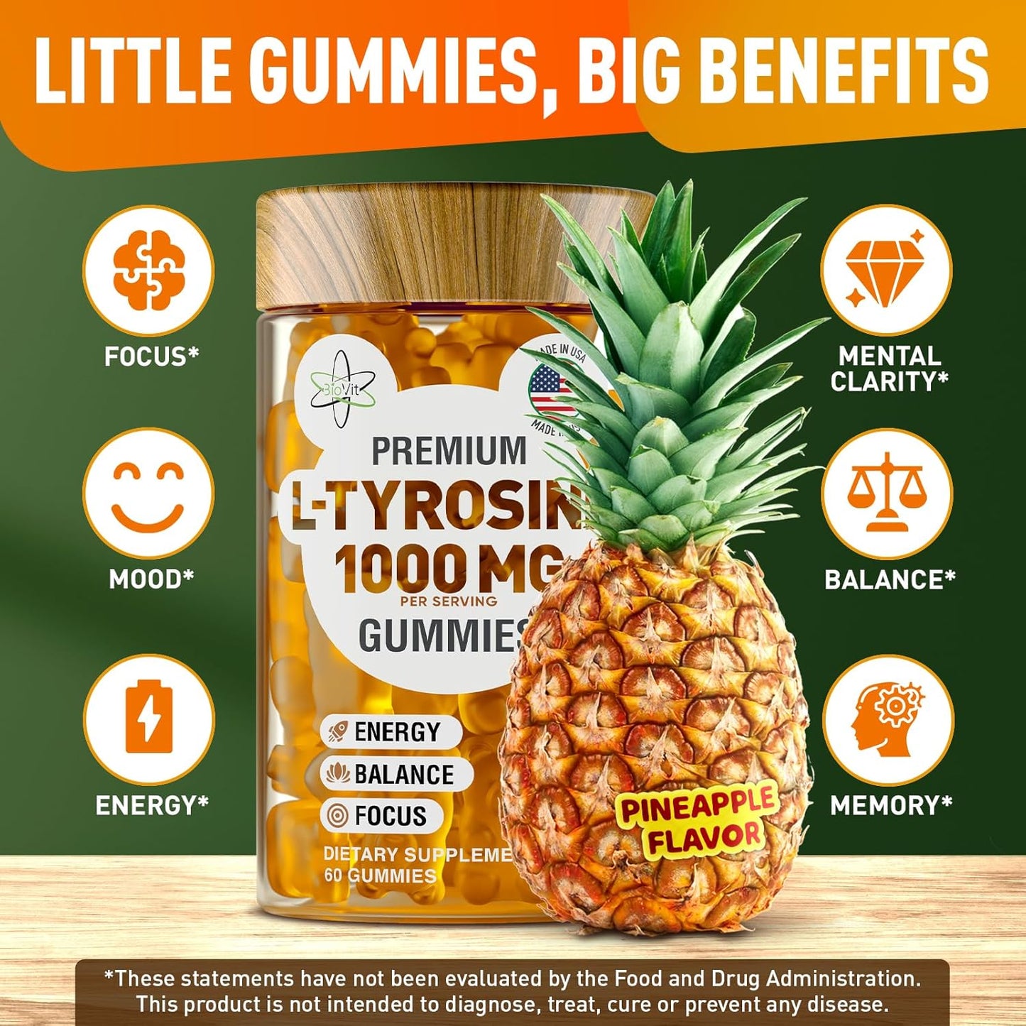 L-Tyrosine Gummies - Vegan Supplement for Focus, Mood & Energy - 1000MG per Serving - 60 Gummies