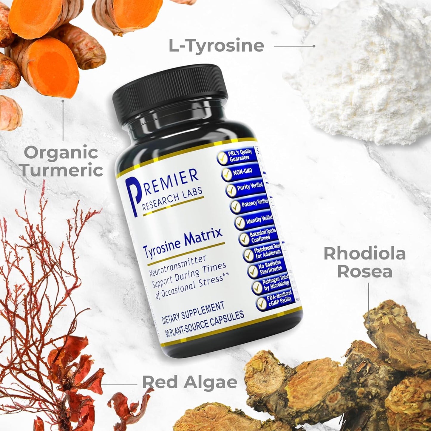 L Tyrosine Supplement with Red Algae & Rhodiola Rosea - 944mg Capsules for Adults - 90 Vegetarian Capsules by Premier Research Labs