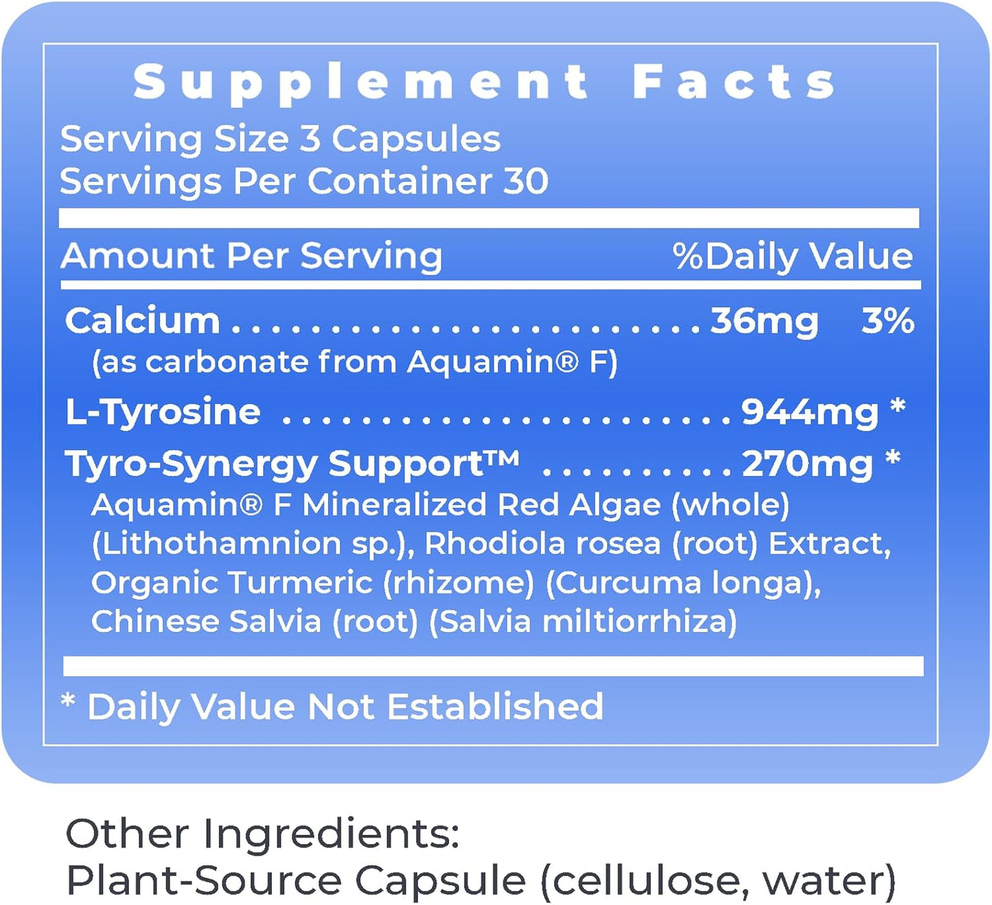 L Tyrosine Supplement with Red Algae & Rhodiola Rosea - 944mg Capsules for Adults - 90 Vegetarian Capsules by Premier Research Labs