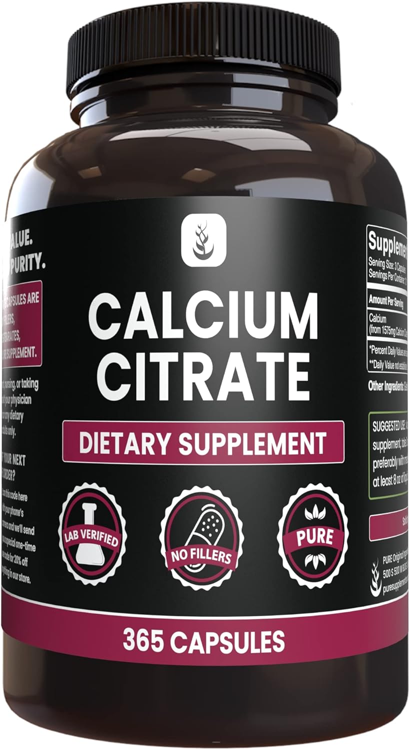 Lab Verified Calcium Citrate Capsules, 365 Count, Pure Original Ingredients, No Magnesium or Rice Fillers, Always Pure