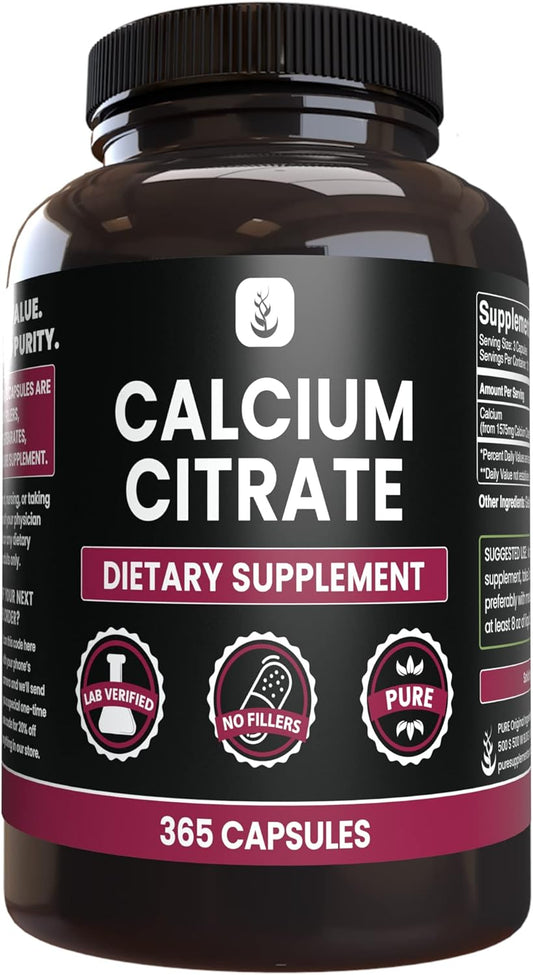 Lab Verified Calcium Citrate Capsules, 365 Count, Pure Original Ingredients, No Magnesium or Rice Fillers, Always Pure