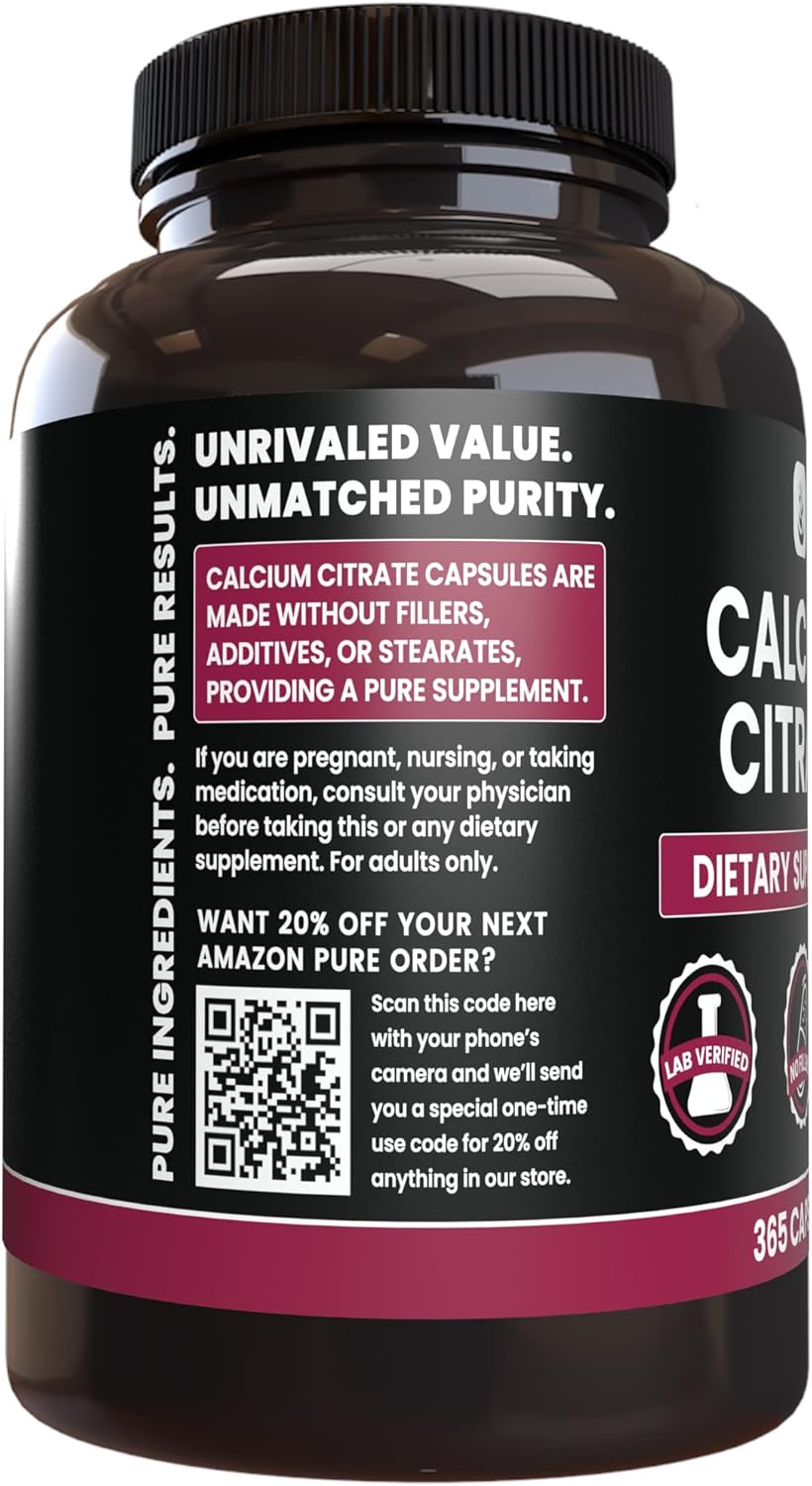 Lab Verified Calcium Citrate Capsules, 365 Count, Pure Original Ingredients, No Magnesium or Rice Fillers, Always Pure