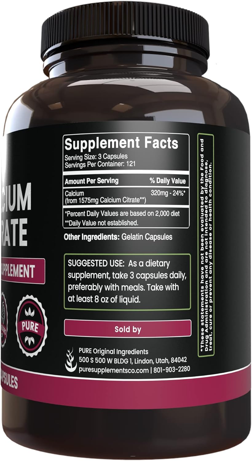 Lab Verified Calcium Citrate Capsules, 365 Count, Pure Original Ingredients, No Magnesium or Rice Fillers, Always Pure