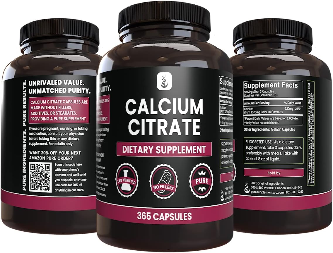 Lab Verified Calcium Citrate Capsules, 365 Count, Pure Original Ingredients, No Magnesium or Rice Fillers, Always Pure