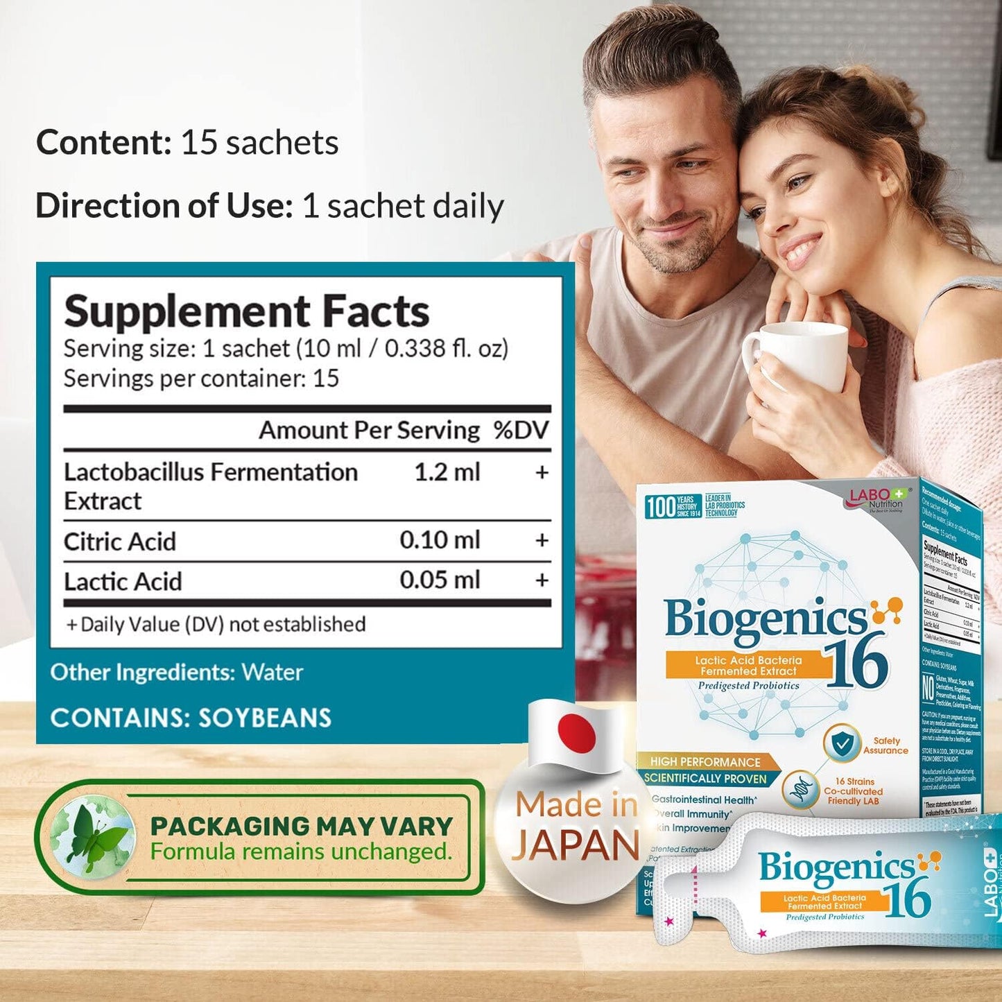 LABO Nutrition Biogenics 16–Lactic Acid Bacteria Fermented Extract for Gut Health Support, 1000x Potency, Improve Intestinal Skin and Immune Health, 10mlx15 sachets