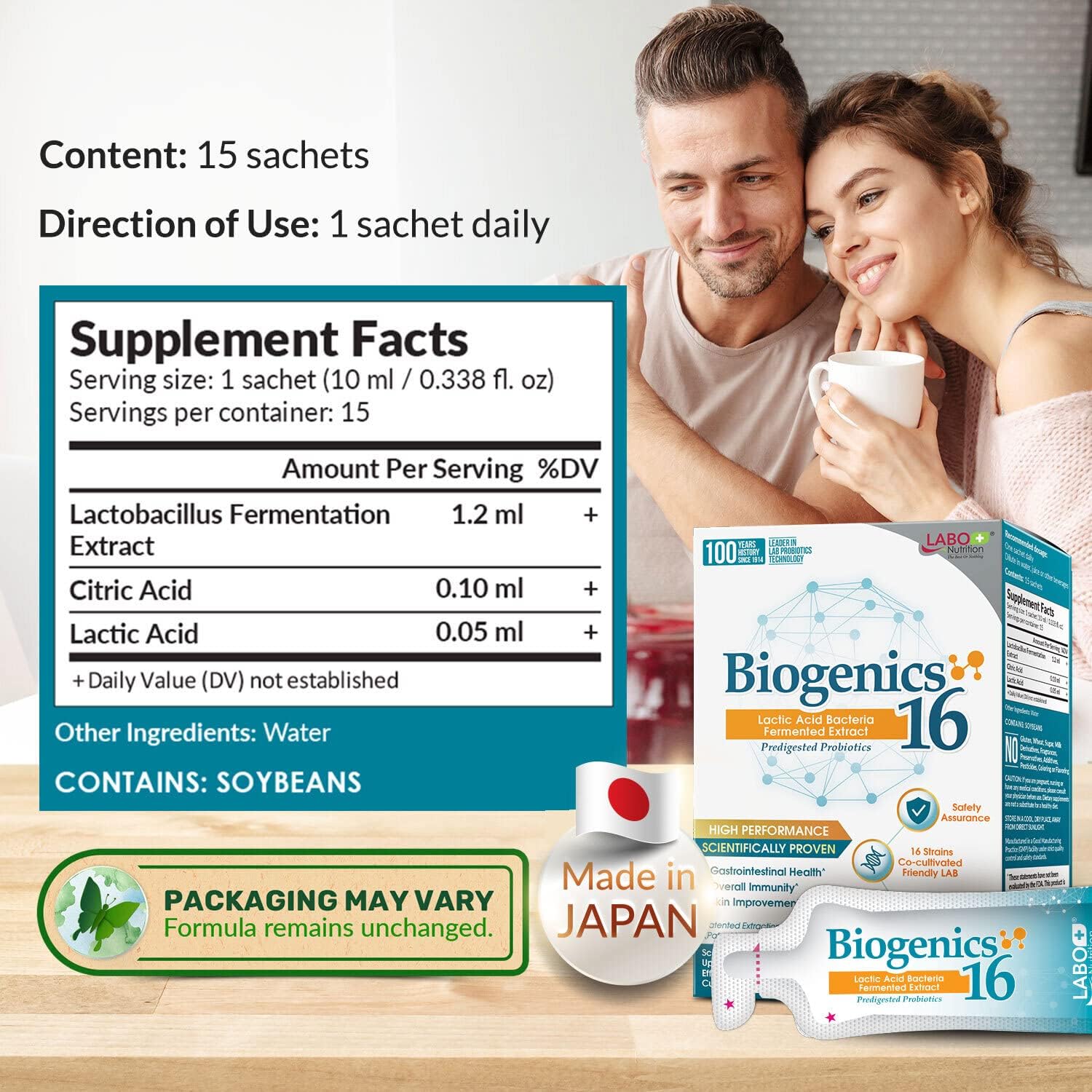 LABO Nutrition Biogenics 16–Lactic Acid Bacteria Fermented Extract for Gut Health Support, 1000x Potency, Improve Intestinal Skin and Immune Health, 10mlx15 sachets