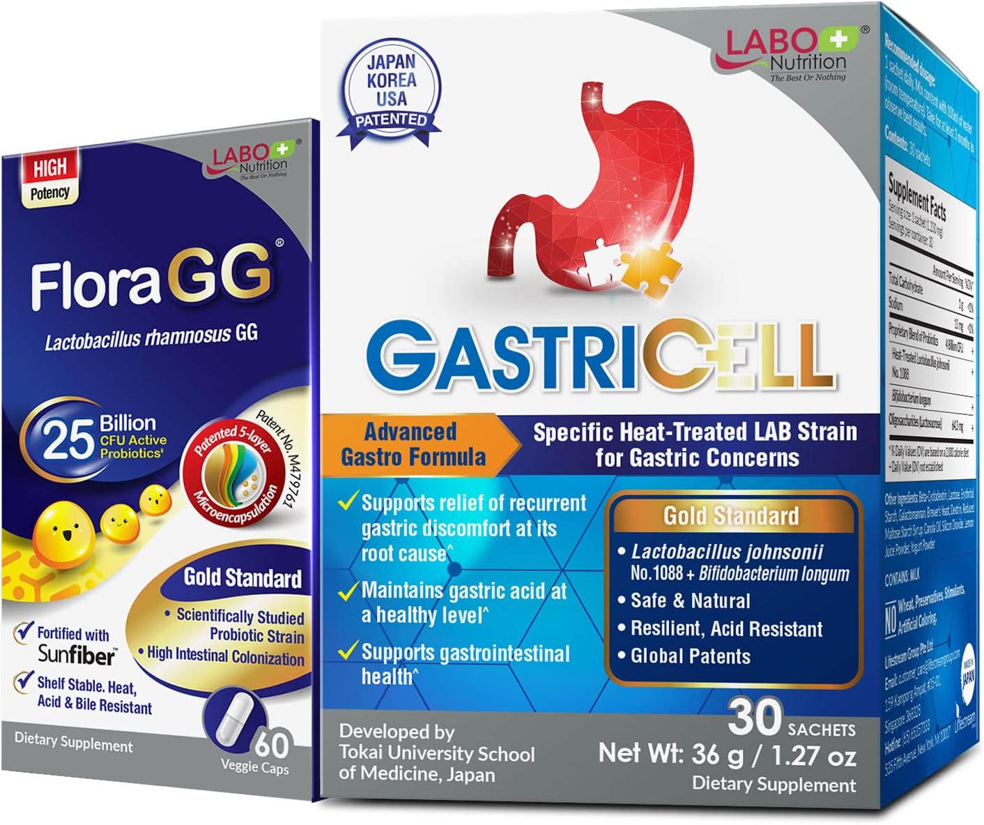 LABO Nutrition GastriCELL + FloraGG: Probiotic & Prebiotic to Eliminate H. Pylori & Relieve Heartburn, Regulate Gastric Acid, Support Healthy Intestines & Immune Health with Sunfiber