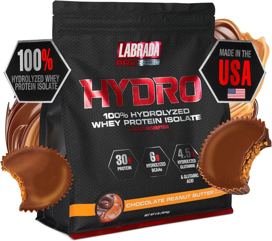 Labrada Hydro 100% Pure Whey Protein Isolate Powder - Lactose-Free, Fast Digesting, Peanut Butter Flavor - 45 Servings, 4lb
