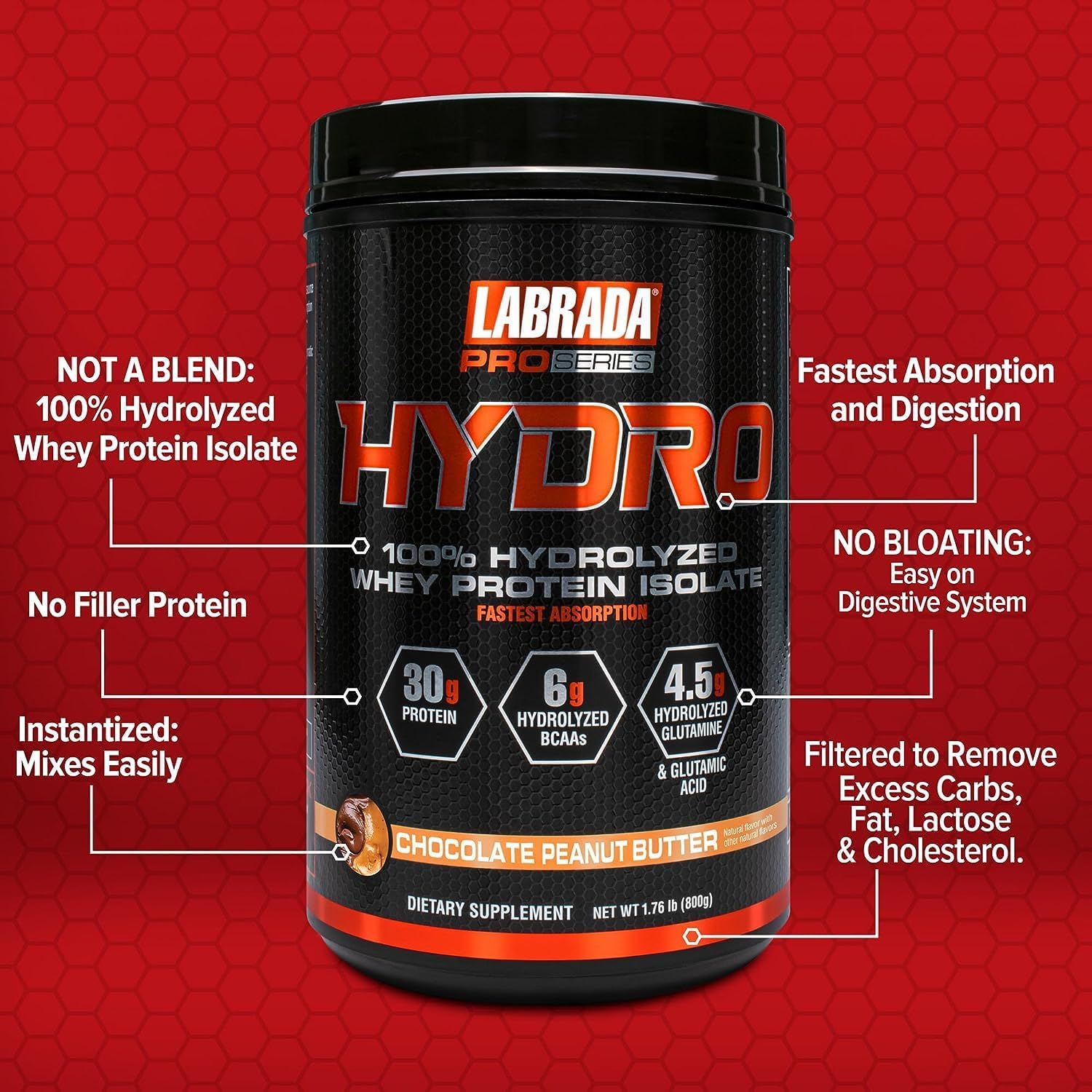 Labrada Hydro 100% Pure Whey Protein Isolate Powder - Lactose-Free with 6g BCAA's and 4.5g Glutamine - Fast Digesting and Delicious Chocolate Peanut Butter Flavor - 20 Servings
