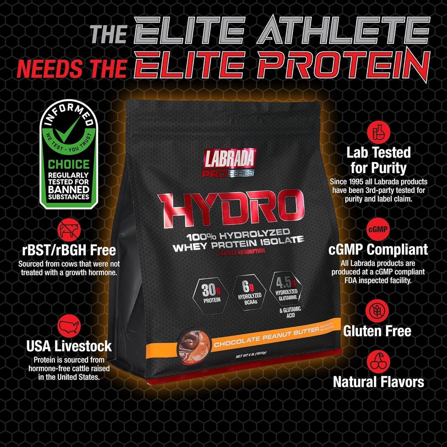 Labrada Hydro 100% Pure Whey Protein Isolate Powder - Lactose-Free, Fast Digesting, Peanut Butter Flavor - 45 Servings, 4lb