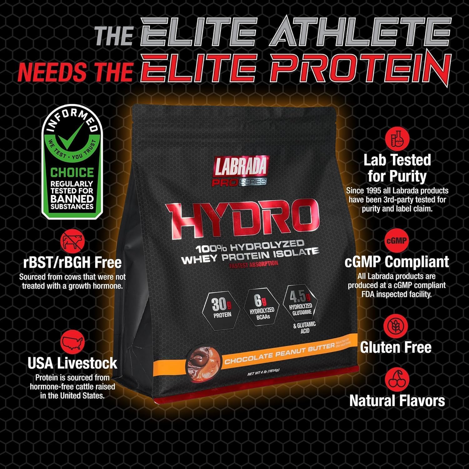 Labrada Hydro 100% Pure Whey Protein Isolate Powder - Lactose-Free, Fast Digesting, Peanut Butter Flavor - 45 Servings, 4lb