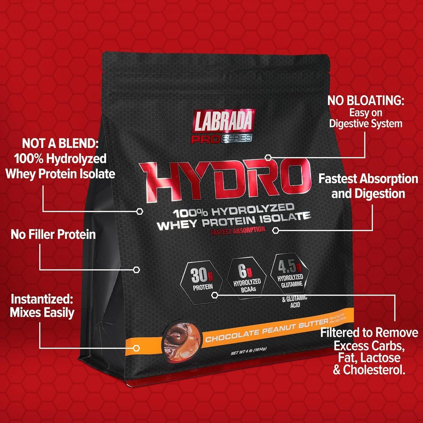 Labrada Hydro 100% Pure Whey Protein Isolate Powder - Lactose-Free, Fast Digesting, Peanut Butter Flavor - 45 Servings, 4lb