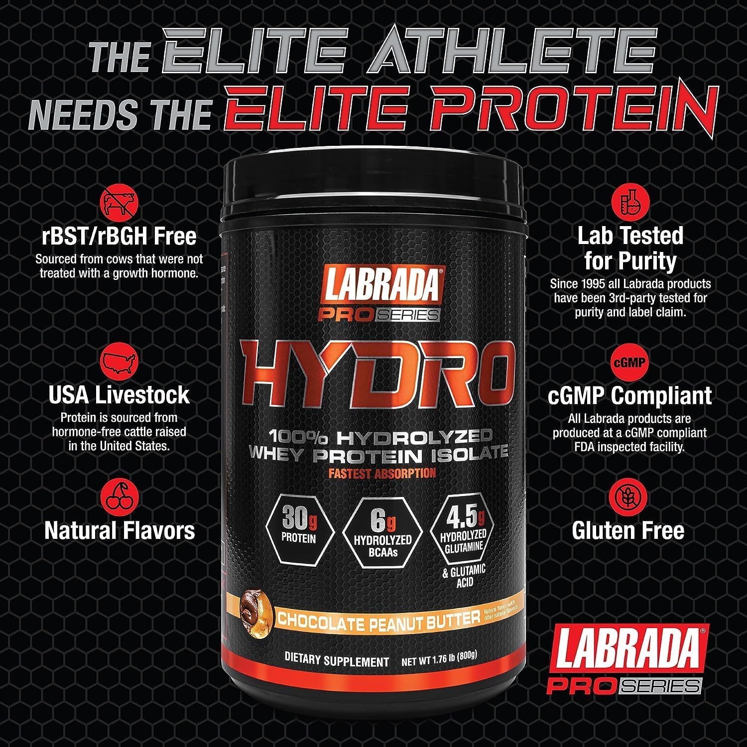 Labrada Hydro 100% Pure Whey Protein Isolate Powder - Lactose-Free with 6g BCAA's and 4.5g Glutamine - Fast Digesting and Delicious Chocolate Peanut Butter Flavor - 20 Servings