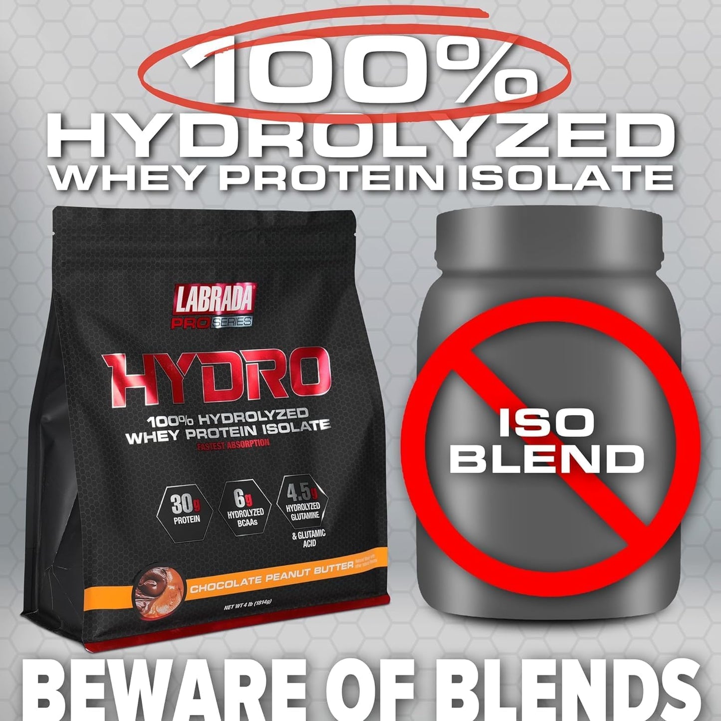 Labrada Hydro 100% Pure Whey Protein Isolate Powder - Lactose-Free, Fast Digesting, Peanut Butter Flavor - 45 Servings, 4lb