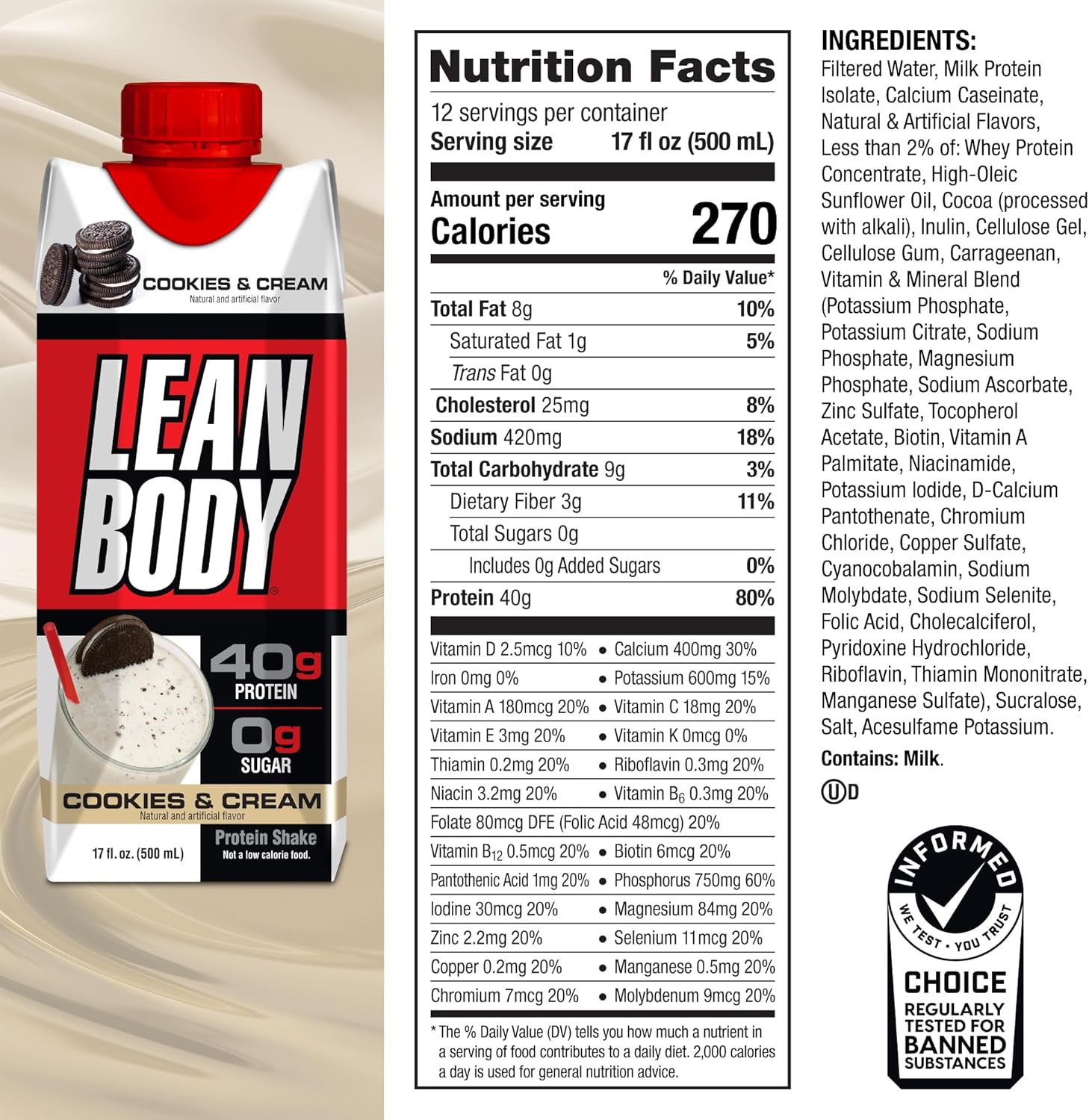 Labrada Lean Body Cookies and Cream Protein Shake - 12 Pack, 40g Protein, Whey Blend, 0 Sugar, Gluten-Free, 22 Vitamins & Minerals - 17 Fl Oz Each