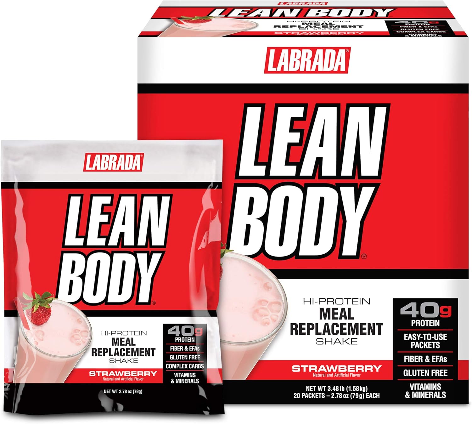 Labrada Lean Body MRP Strawberry Shake - High Protein, Healthy Fats, Fiber, Vitamins & Minerals - Gluten Free (20 Packets)