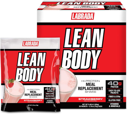 Labrada Lean Body MRP Strawberry Shake - High Protein, Healthy Fats, Fiber, Vitamins & Minerals - Gluten Free (20 Packets)
