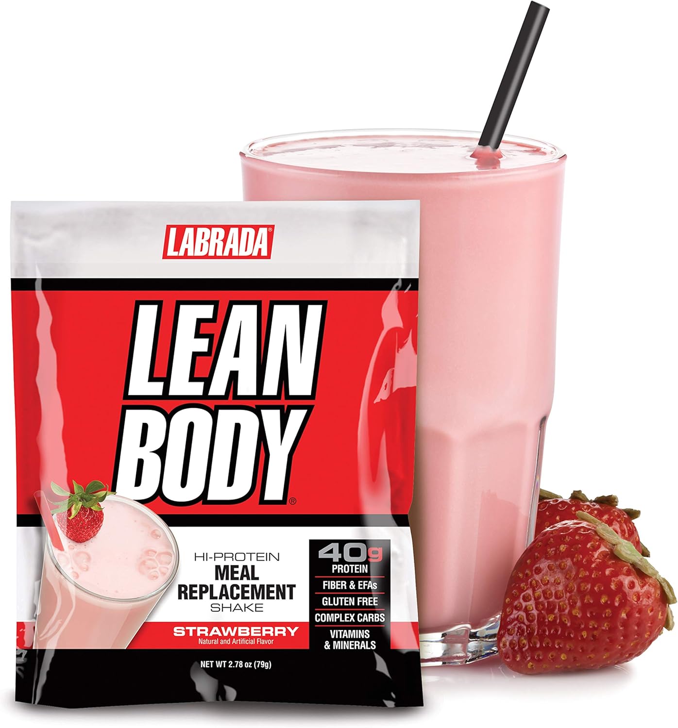 Labrada Lean Body MRP Strawberry Shake - High Protein, Healthy Fats, Fiber, Vitamins & Minerals - Gluten Free (20 Packets)