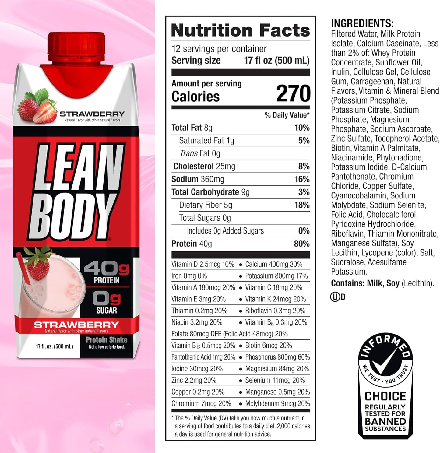 Labrada Lean Body Strawberry Protein Shake - 40g Protein, Whey Blend, 0 Sugar, Gluten Free - 22 Vitamins & Minerals - 17oz (Pack of 12)
