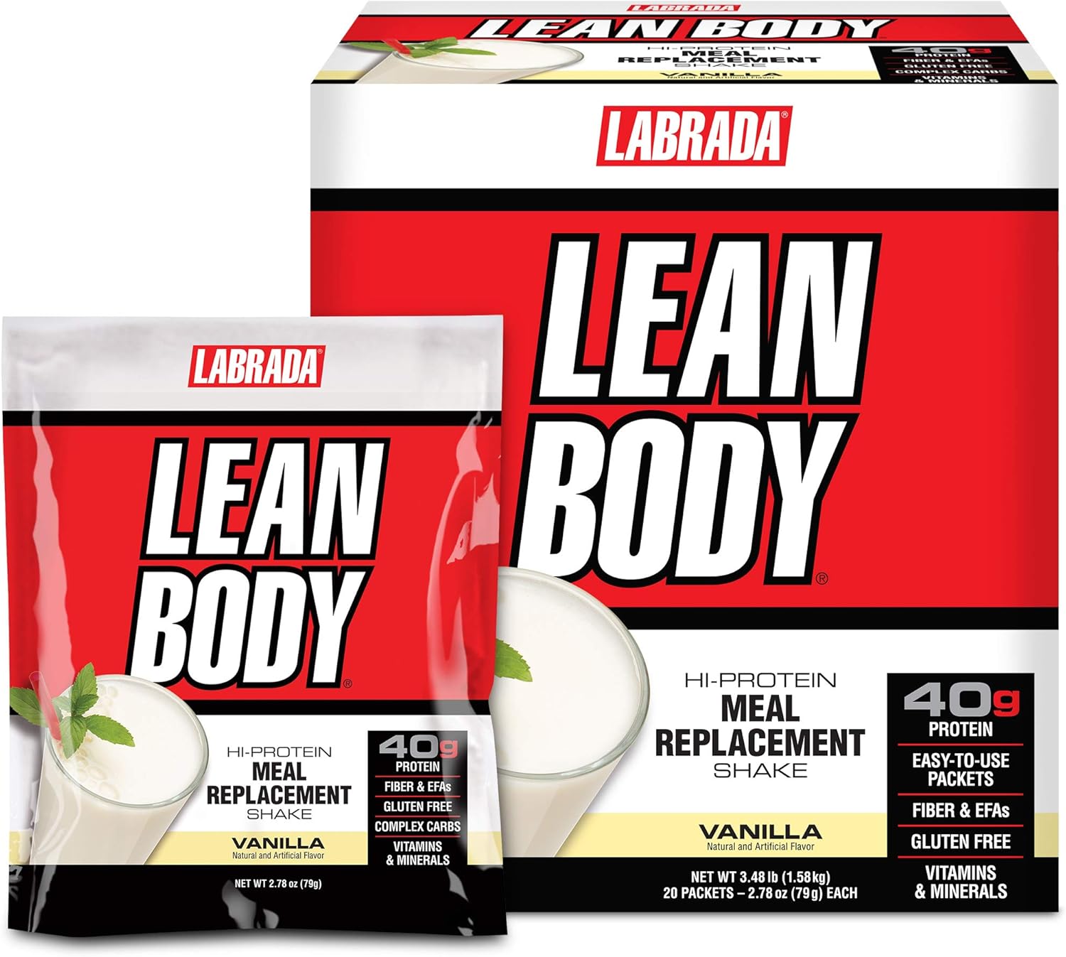 Labrada Lean Body Vanilla Meal Replacement Shake - 40g Protein, Whey Blend, 8g Healthy Fats, 22 Vitamins, Gluten Free - 20 Packets