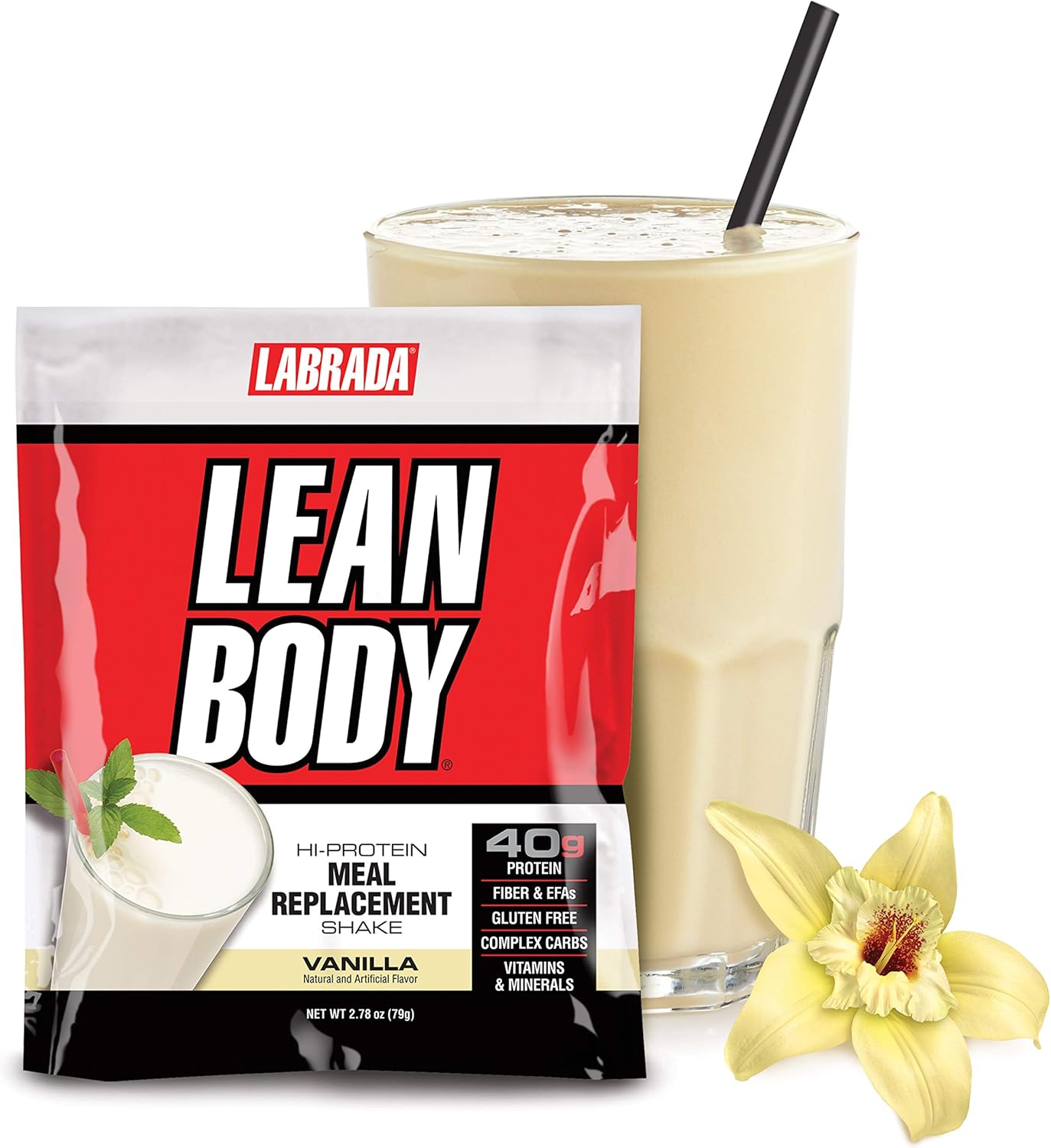Labrada Lean Body Vanilla Meal Replacement Shake - 40g Protein, Whey Blend, 8g Healthy Fats, 22 Vitamins, Gluten Free - 20 Packets