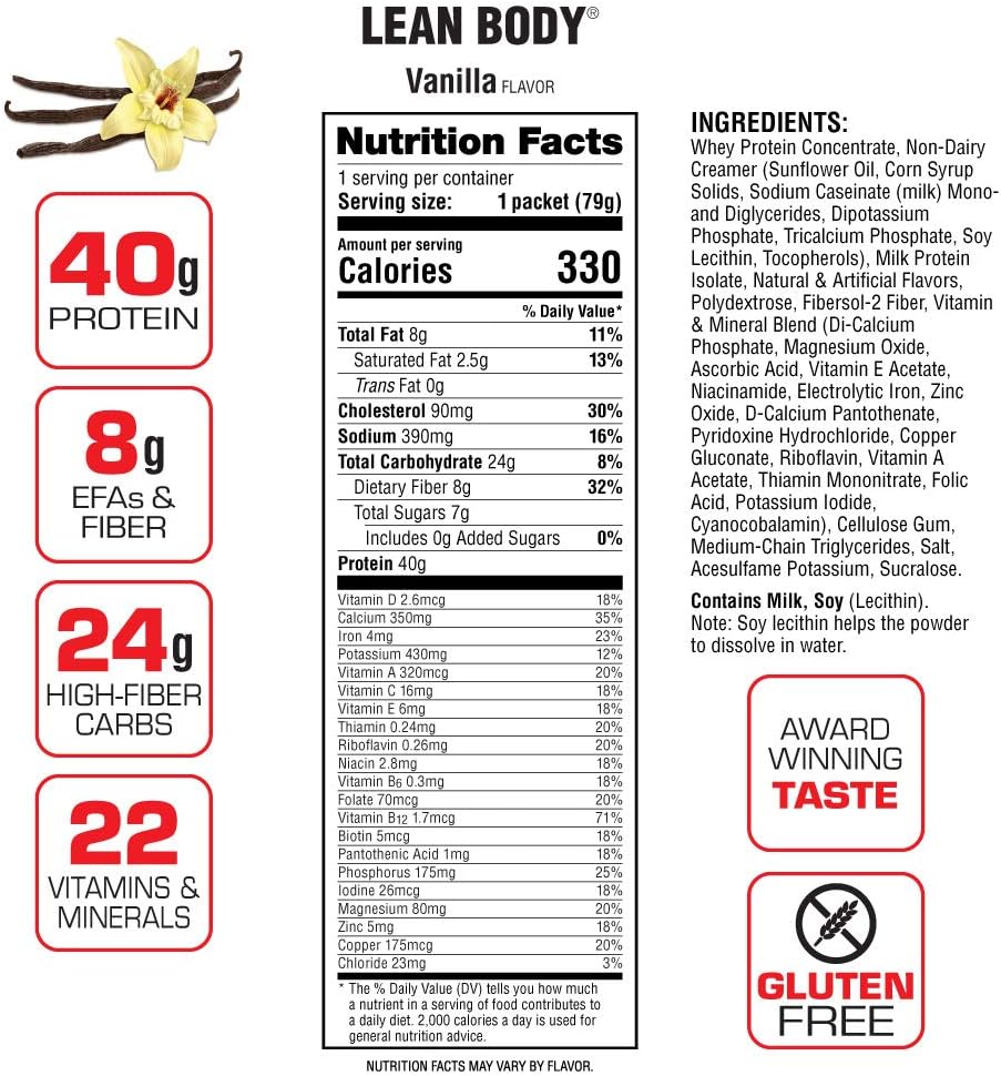 Labrada Lean Body Vanilla Meal Replacement Shake - 40g Protein, Whey Blend, 8g Healthy Fats, 22 Vitamins, Gluten Free - 20 Packets
