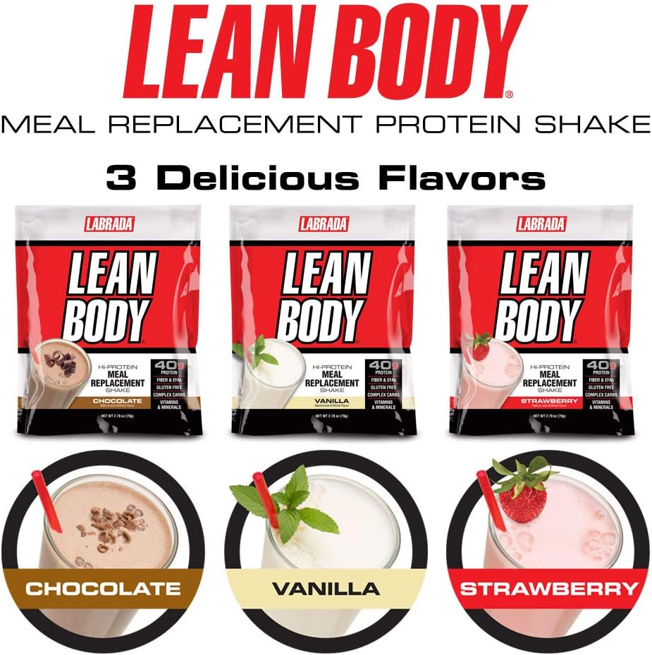 Labrada Lean Body Vanilla Meal Replacement Shake - 40g Protein, Whey Blend, 8g Healthy Fats, 22 Vitamins, Gluten Free - 20 Packets