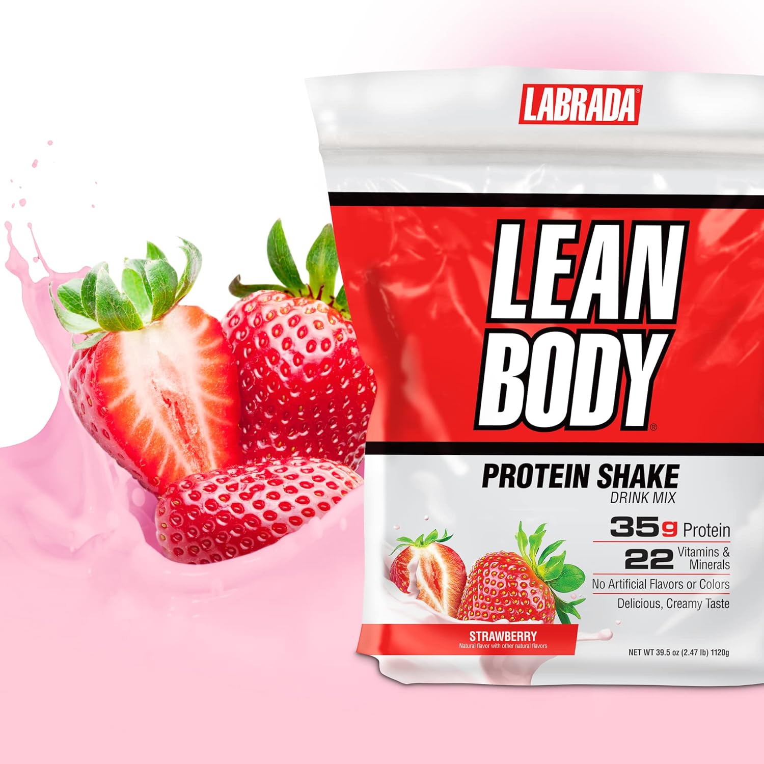 Labrada Nutrition Lean Body Hi-Protein Shake, Strawberry Flavor, 2.47lb Tub - Varying Packaging