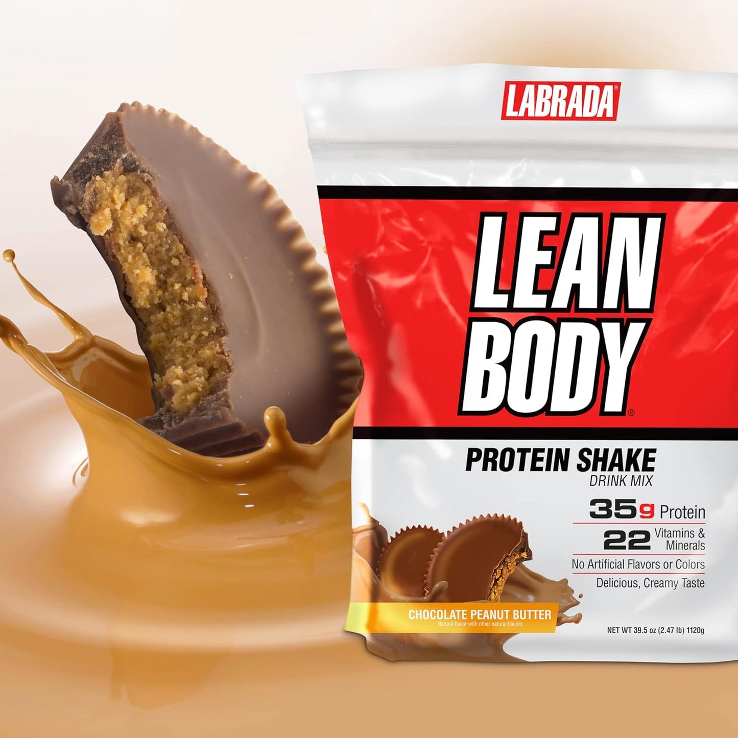 LABRADA Nutrition Lean Body High Protein Meal Replacement Shake, Chocolate Peanut Butter - 2.47LB Tub