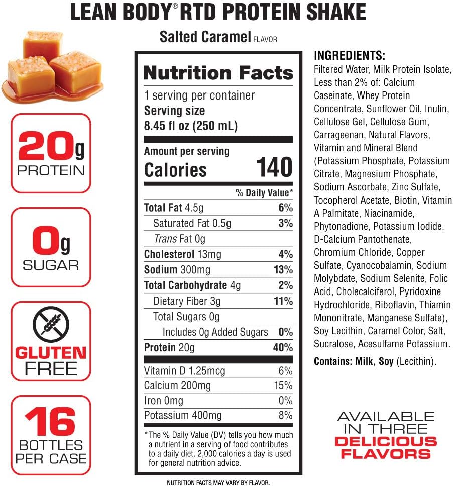 Labrada Nutrition Lean Body RTD Whey Protein Shake - Salted Caramel Flavor, 20g Protein, Zero Sugar, Lactose & Gluten Free, On-The-Go Meal Replacement Shake for Men & Women (Pack of 16)