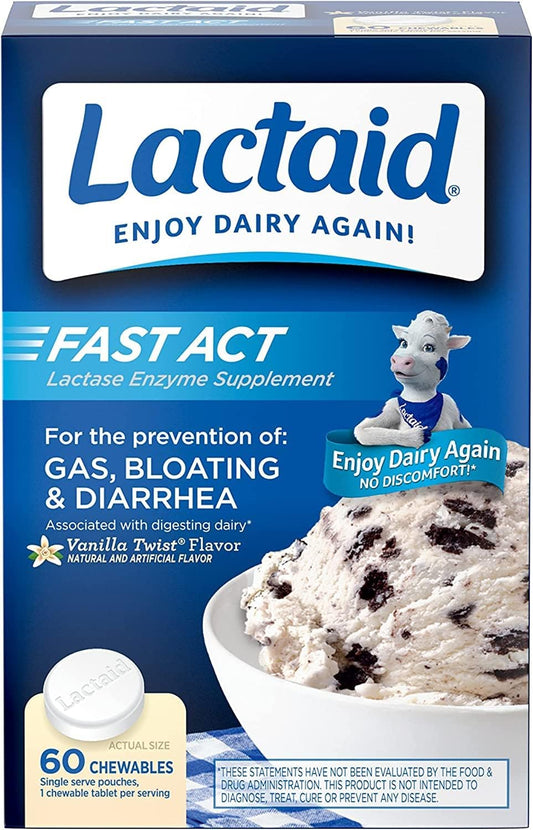 Lactaid Fast Act Chewables for Lactose Intolerance Relief - 240 Tablets, Vanilla Twist Flavor, On-the-Go Relief from Gas, Bloating, and Diarrhea