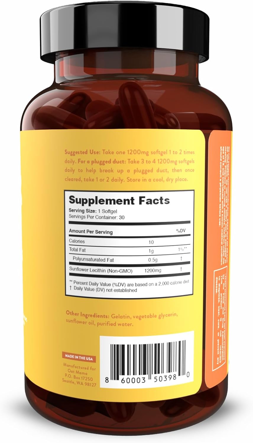 Lactation Supplement for Breastfeeding Moms | Sunflower Lecithin Softgels to Prevent Clogged Ducts and Enhance Milk Production (30 Softgels, 1200 mg)