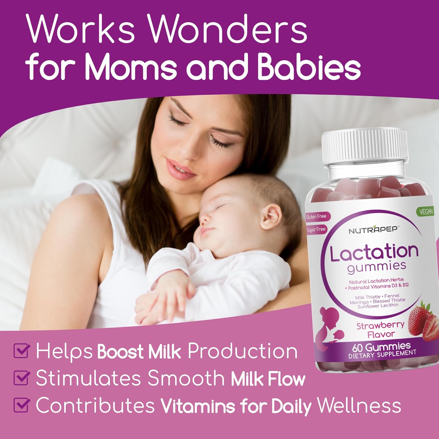 Lactation Support Gummies with Vitamins D3, B12, Milk Thistle, and Fennel Seed - Boost Milk Production for Breastfeeding Women - NutraPep Postnatal Supplements