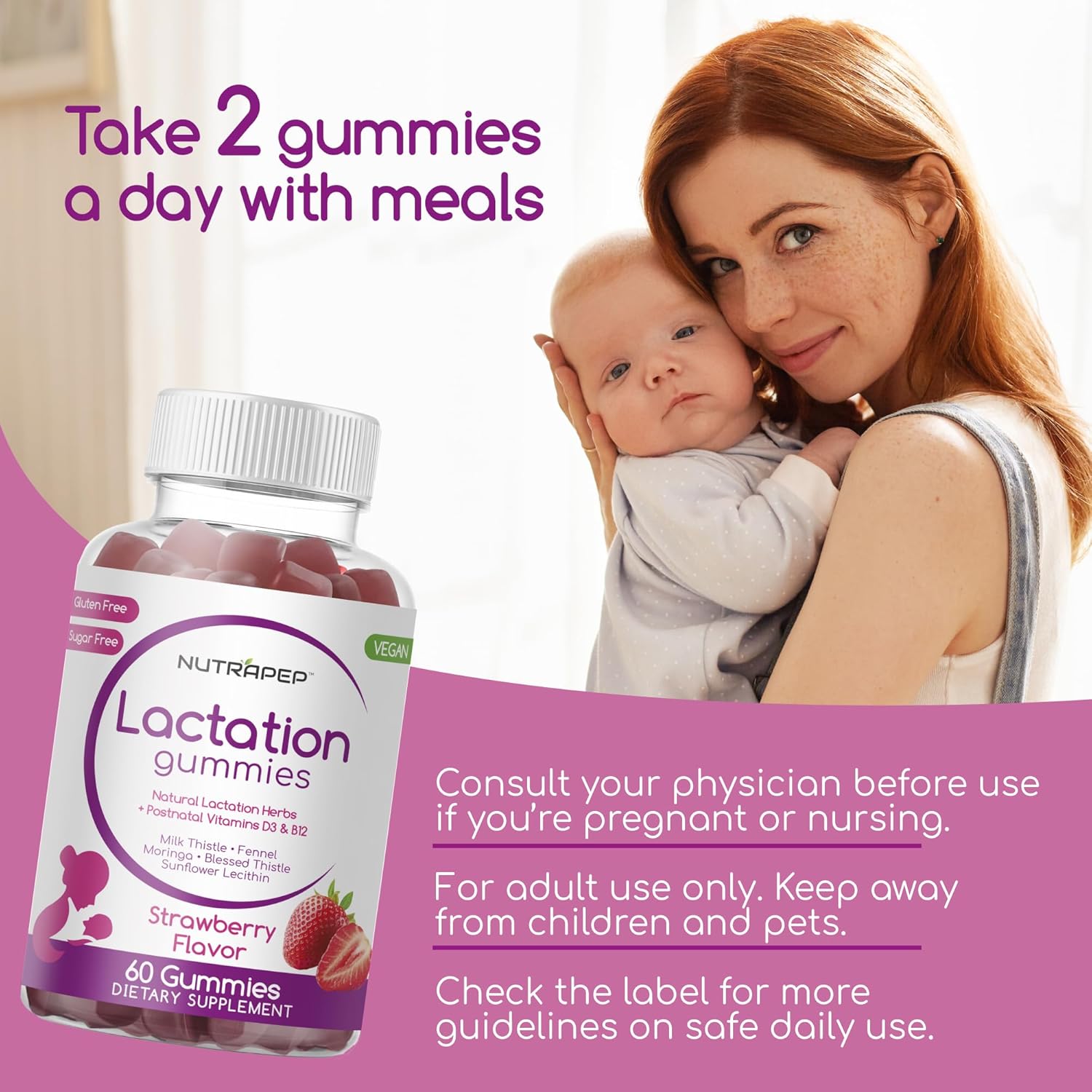Lactation Support Gummies with Vitamins D3, B12, Milk Thistle, and Fennel Seed - Boost Milk Production for Breastfeeding Women - NutraPep Postnatal Supplements