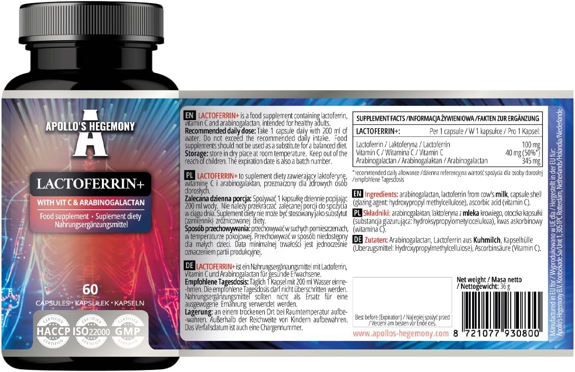 Lactoferrin+ 100mg Capsules with Vitamin C and Arabinogalactan - Vegan Immunity and Iron Supplement - 60 Capsules