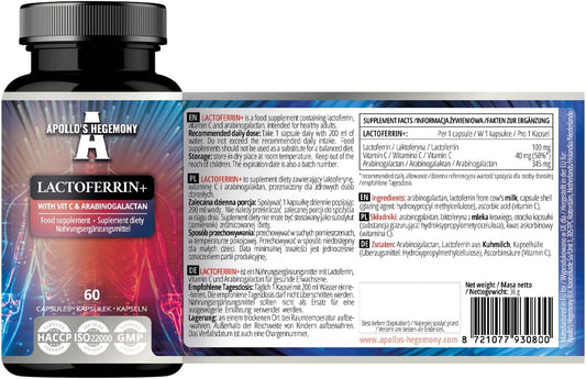 Lactoferrin+ 100mg Capsules with Vitamin C and Arabinogalactan - Vegan Immunity and Iron Supplement - 60 Capsules