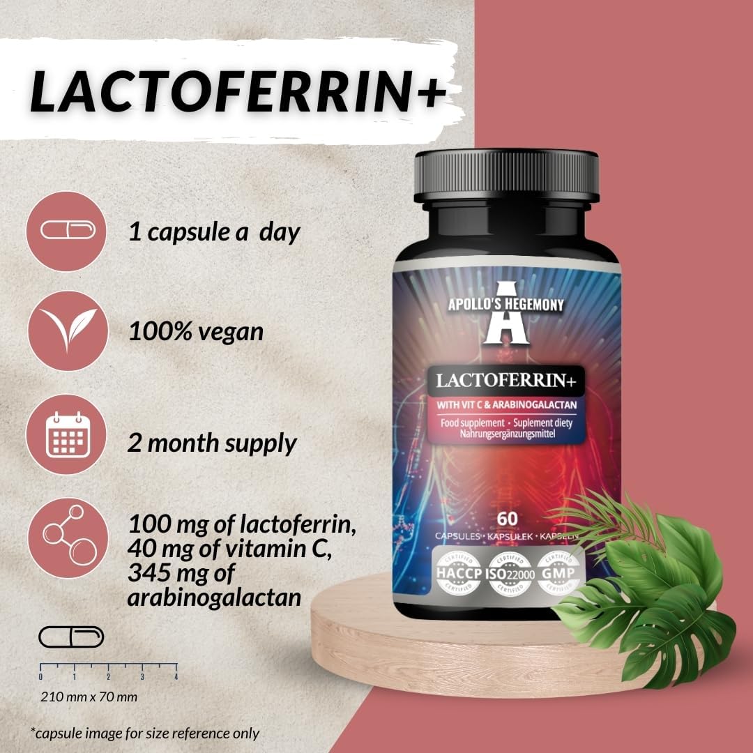 Lactoferrin+ 100mg Capsules with Vitamin C and Arabinogalactan - Vegan Immunity and Iron Supplement - 60 Capsules