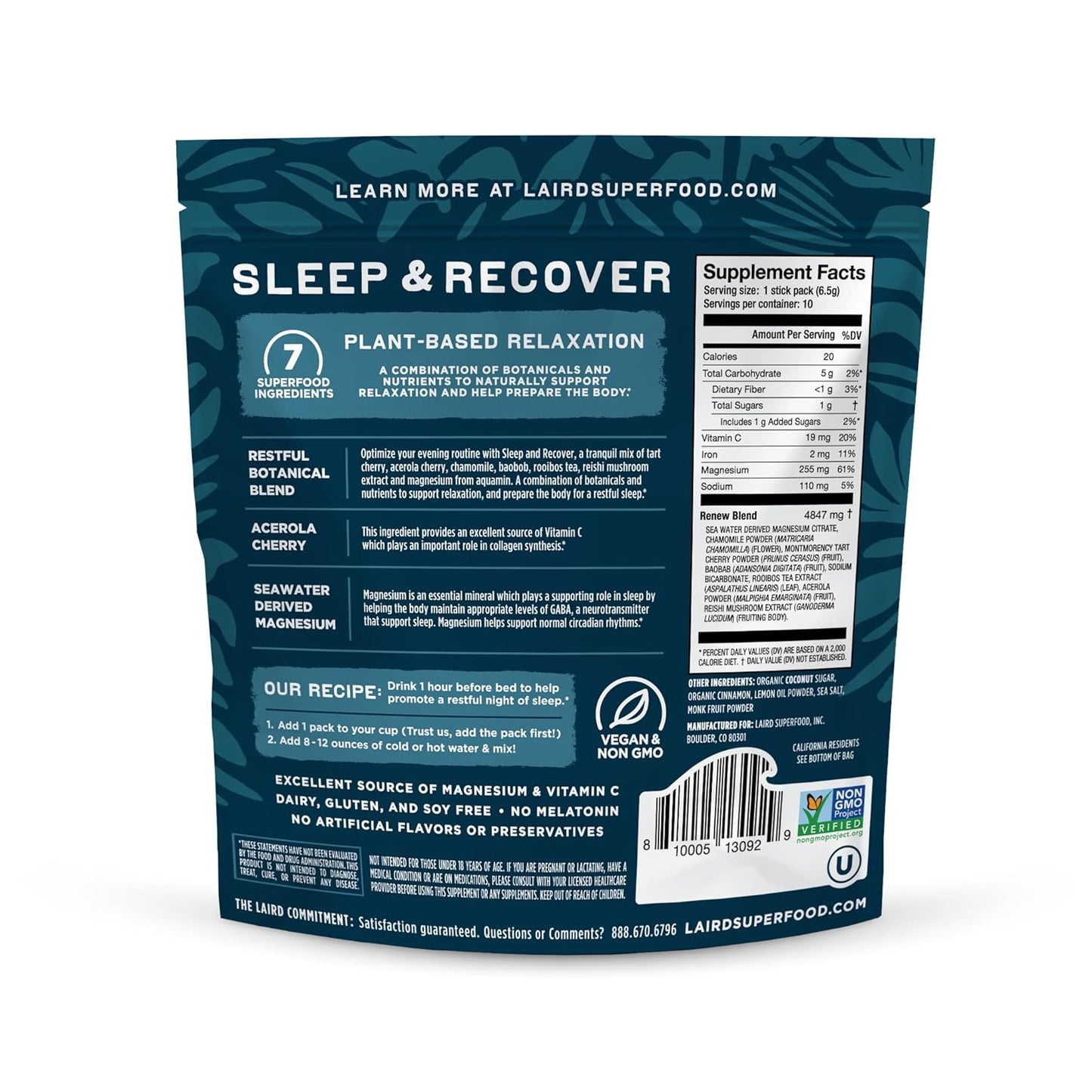 Laird Superfood Sleep & Recover Drink Mix with Tart Cherry and Chamomile - 10 Pack of Calming Bedtime Supplements