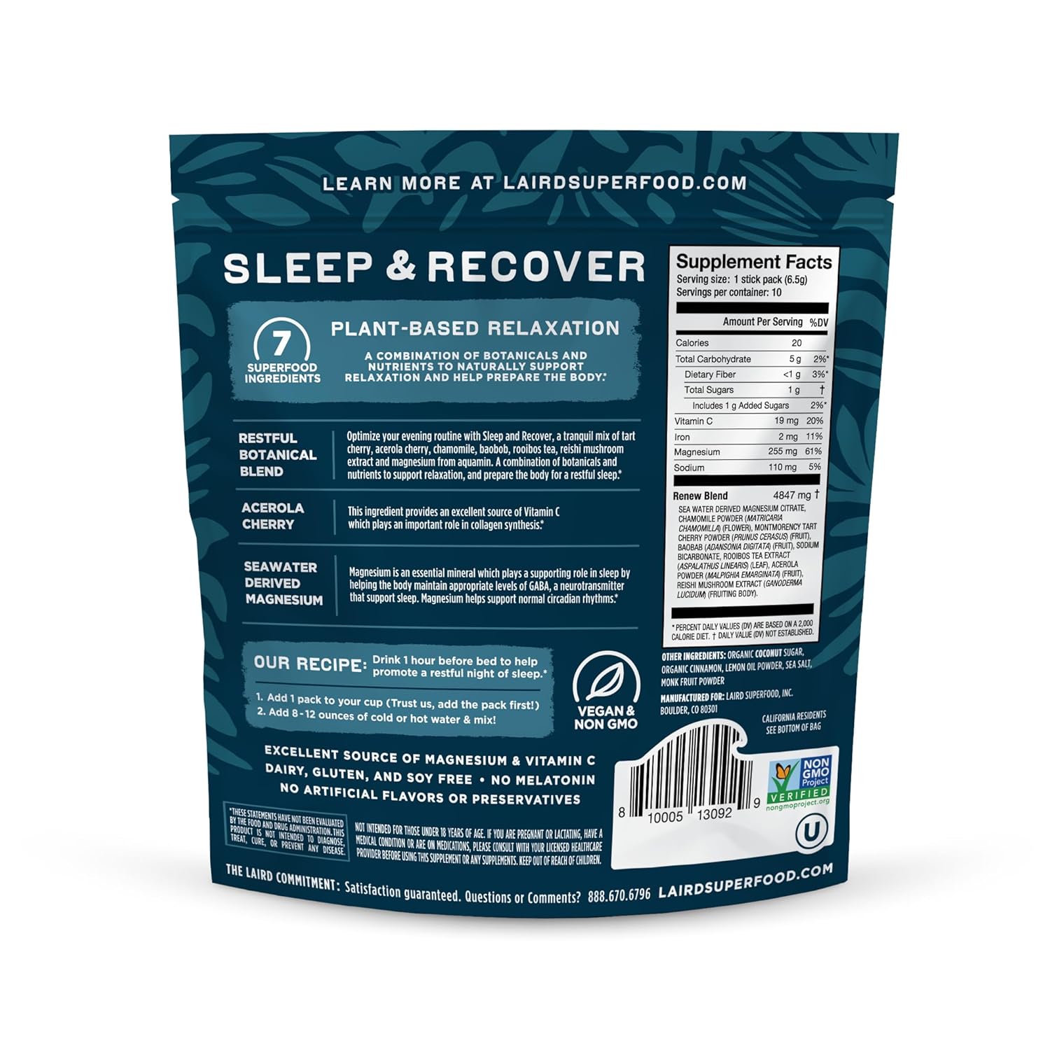 Laird Superfood Sleep & Recover Drink Mix with Tart Cherry and Chamomile - 10 Pack of Calming Bedtime Supplements