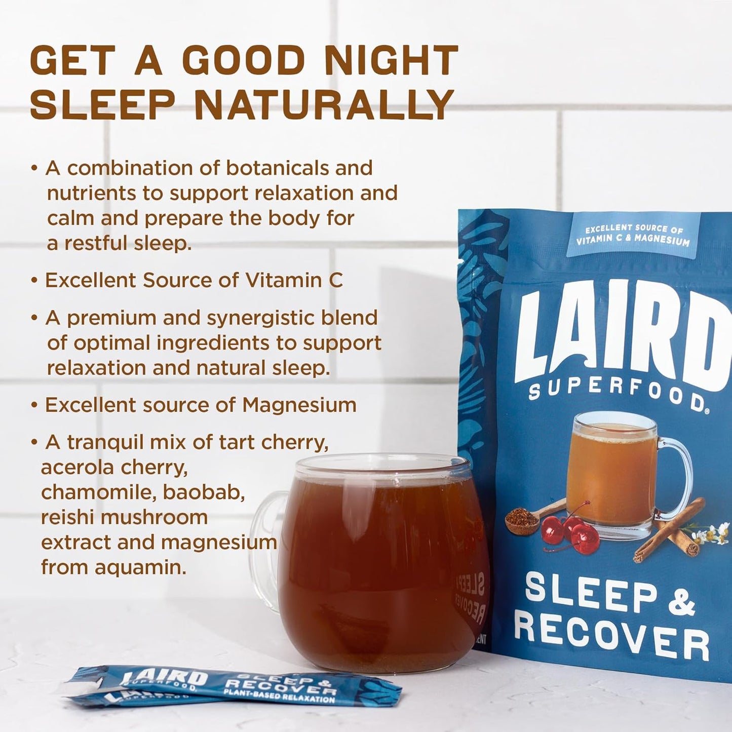 Laird Superfood Sleep & Recover Drink Mix with Tart Cherry and Chamomile - 10 Pack of Calming Bedtime Supplements