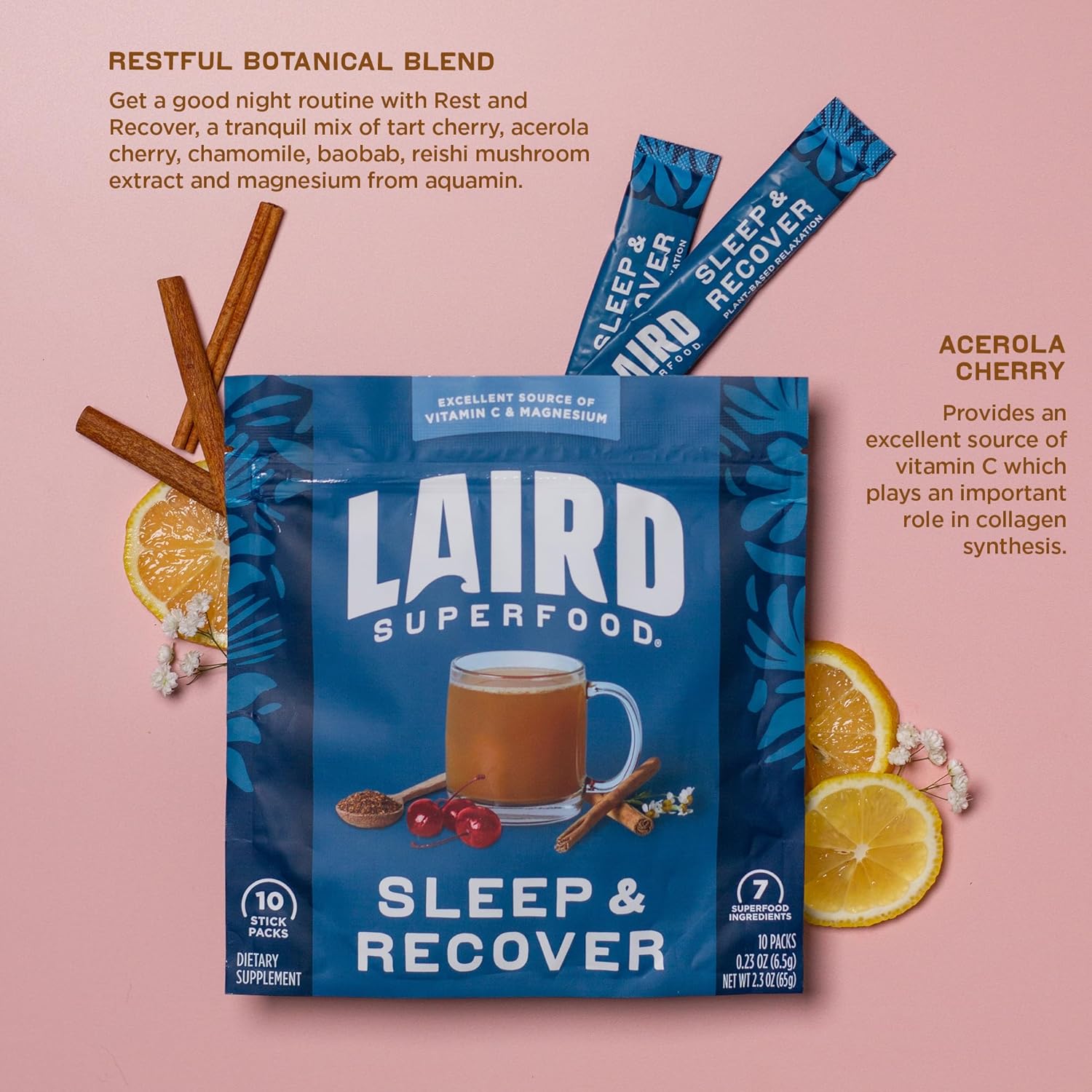 Laird Superfood Sleep & Recover Drink Mix with Tart Cherry and Chamomile - 10 Pack of Calming Bedtime Supplements
