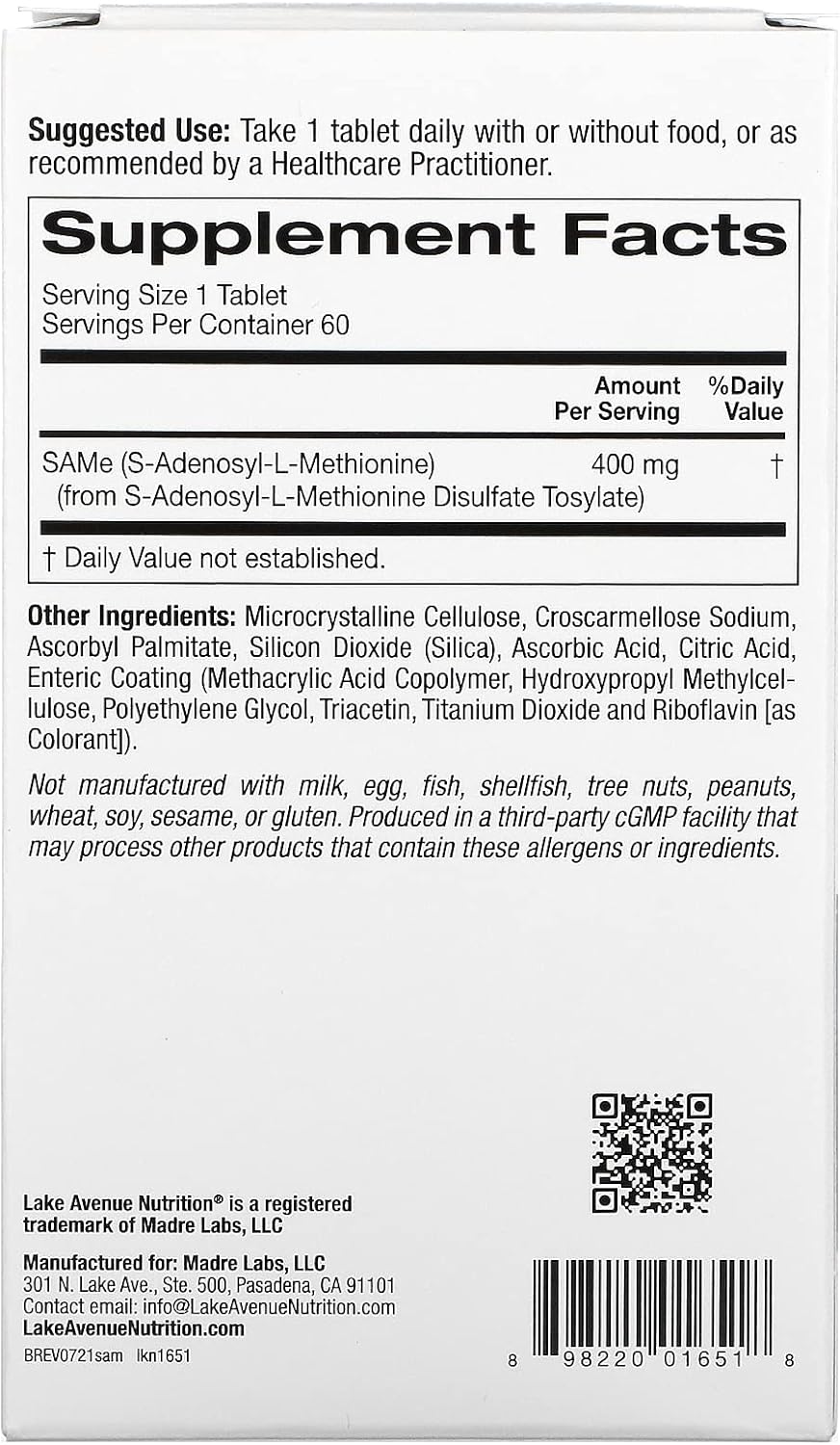 Lake Avenue Nutrition Same Disulfate Tosylate 400mg 60 Enteric Coated Tablets for Improved Mental Health and Cognitive Function