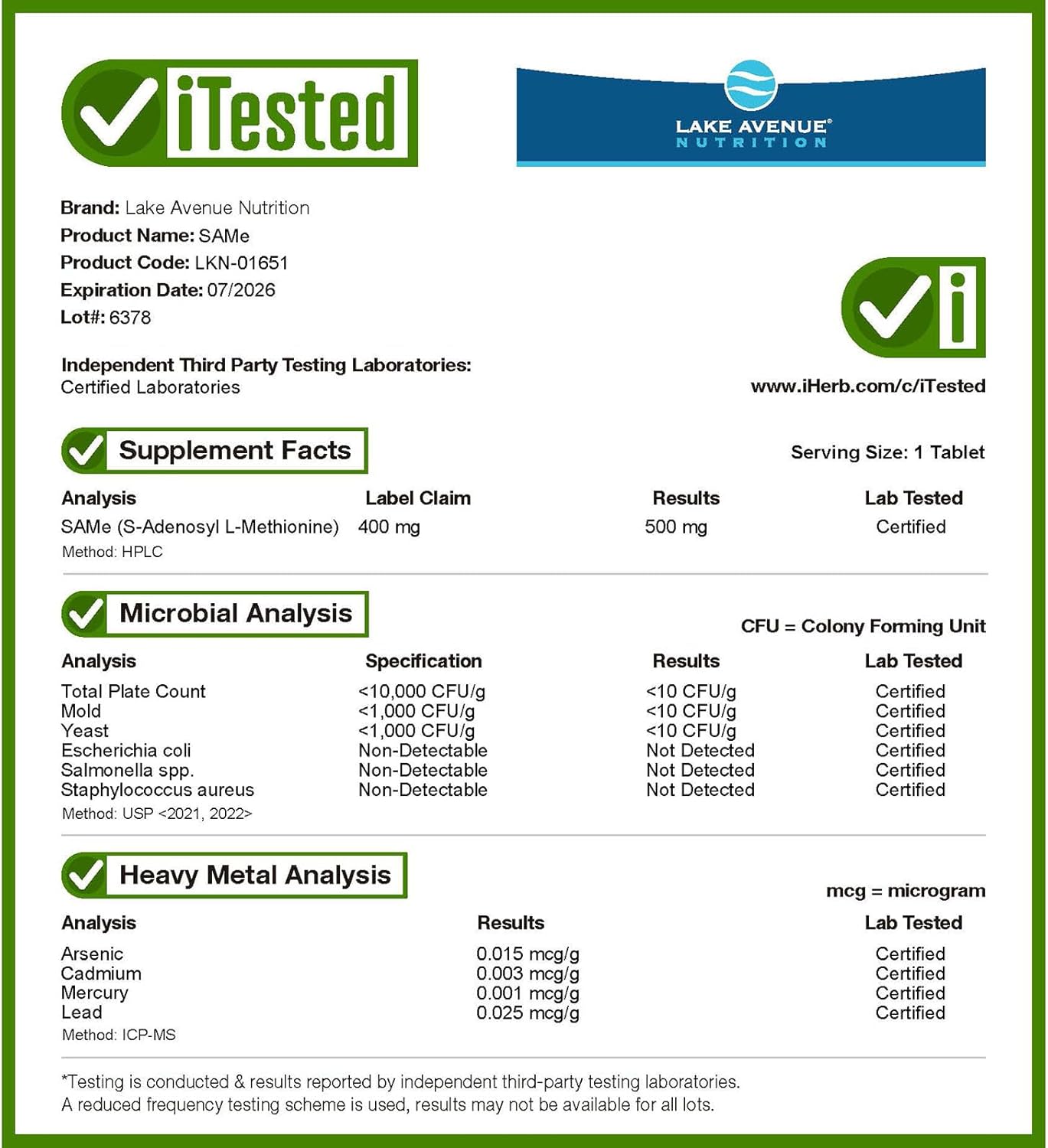 Lake Avenue Nutrition Same Disulfate Tosylate 400mg 60 Enteric Coated Tablets for Improved Mental Health and Cognitive Function